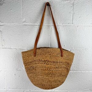 Handwoven Sisal Market Tote Bag Made in Kenya Leather Straps Boho Basket Bag